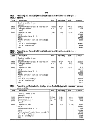 671
14.35 : Providing and fixing bright finished brass hard drawn hooks and eyes :
14.35.4: 150 mm
 Code     Description                                      Unit     Quantity   Rate      Amount
         Details of cost for 10 nos.
         Materials-
 0421    Bright finished brass hooks & eyes 150 mm         10 Nos   10.00      364.00     364.00
 9999    Carriage of material                              L.S.      0.91        1.00       0.91
         Labour-
 0111    Carpenter 1st class                                Day      0.06      151.50       9.09
         TOTAL                                                                            374.00
         Add for water charge @ 1 %                                                         3.74
         TOTAL                                                                            377.74
         Add for contractor’s profit and overheads @                                       56.66
         15%
         Cost of 10 hooks and eyes                                                        434.40
         Cost of 1 hook and eye                                                            43.44
         Say                                                                               43.45

14.35: Providing and fixing bright finished brass hard drawn hooks and eyes :
14.35.5: 100 mm
 Code     Description                                      Unit     Quantity   Rate      Amount
         Details of cost for 10 nos.
         Materials-
 0422    Bright finished brass hooks & eyes 100 mm         10 Nos   10.00      300.00     300.00
 9999    Carriage of material                              L.S.      0.91        1.00       0.91
         Labour-
 0111    Carpenter 1st class                               Day       0.06      151.50       9.09
         TOTAL                                                                            310.00
         Add for water charge @ 1 %                                                         3.10
         TOTAL                                                                            313.10
         Add for contractor’s profit and overheads @                                       46.96
         15%
         Cost of 10 hooks and eyes                                                        360.06
         Cost of 1 hook and eye                                                            36.01
         Say                                                                               36.00

14.36 : Providing and fixing bright finished brass fan light pivot with necessary screws
        etc. complete.
 Code     Description                                      Unit     Quantity   Rate      Amount
         Details of cost for 10 nos.
         Materials-
 0429    Brass fan light pivot                            10 Nos    10.00       128.00    128.00
 0450    Brass screws 40 mm                               100 Nos   40.00        96.00     38.40
 9999    Carriage of material                             L.S.       0.91         1.00      0.91
         Labour-
 0111    Carpenter 1st class                              Day        0.08       151.50     12.12
         TOTAL                                                                            179.43
         Add for water charge @ 1 %                                                         1.79
         TOTAL                                                                            181.22
         Add for contractor’s profit and overheads @15%                                    27.18
         Cost of 10 fanlight pivot                                                        208.40
         Cost of 1 fanlight pivot                                                          20.84
         Say                                                                               20.85
 