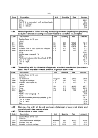 676

  Code      Description                                      Unit     Quantity    Rate    Amount
          TOTAL                                                                             22.25
          Add 15 % for contractor’s profit and overheads                                     3.34
          Cost of 10.00 sqm                                                                 25.59
          Cost of 1.00 sqm                                                                   2.56
          Say                                                                                2.55

14.43    Removing white or colour wash by scrapping and sand papering and preparing
         the surface smooth including necessary repairs to scratches etc. complete
 Code      Description                                      Unit      Quantity   Rate     Amount
          Details of cost for 10 sqm.
          Labour-
 0114     Beldar                                           Day         0.09      135.25     12.17
 0115     Coolie                                           Day         0.04      135.25      5.41
 0101     Bhishti                                          Day         0.04      138.45      5.54
 9999     Sundries such as sand paper and scrapper         L.S.        2.73        1.00      2.73
 9999     Repair to scraches                               L.S.        1.82        1.00      1.82
          TOTAL                                                                             27.67
          Add for water charge @ 1%                                                          0.28
          TOTAL                                                                             27.95
          Add for contractor’s profit and overheads @15%                                     4.19
          Cost of 10 sqm.                                                                   32.14
          Cost of 1 sqm.                                                                     3.21
          Say                                                                                3.20

14.44:   Distempering with dry distemper of approved brand and manufacture (one or more
         coats) and of required shade on old work to give an even shade.
 Code      Description                                      Unit      Quantity   Rate     Amount
          Details of cost for 10 sqm.
          Materials-
 0815     Dry distemper                                    kilogram    1.00       26.00     26.00
 9999     Carriage of distemper                            L.S.        0.91        1.00      0.91
 9999     Brushes, sand-paper etc.                         L.S.        5.33        1.00      5.33
          Labour-
 0131     Painter                                          Day         0.33      141.60     46.73
 0115     Coolie                                           Day         0.17      135.25     22.99
 9999     Sundries                                         L.S.        4.42        1.00      4.42
          TOTAL                                                                            106.38
          Add for water charge @ 1 %                                                         1.06
          TOTAL                                                                            107.44
          Add for contractor’s profit and overheads @15%                                    16.12
          Cost of 10 sqm.                                                                  123.56
          Cost of 1 sqm.                                                                    12.36
          Say                                                                               12.35

14.45    Distempering with oil bound washable distemper of approved brand and
         manufacture to give an even shade :
14.45.1: Old work (one or more coats)
 Code      Description                                      Unit      Quantity   Rate     Amount
          Details of cost for 10 sqm.
          Materials-
 0816     Oil bound washable distemper                     kilogram    1.00       40.00     40.00
 9999     Brushes, putty etc.                              L.S.        0.52        1.00      0.52
 9999     Sundries including carriage                      L.S.       10.79        1.00     10.79
 