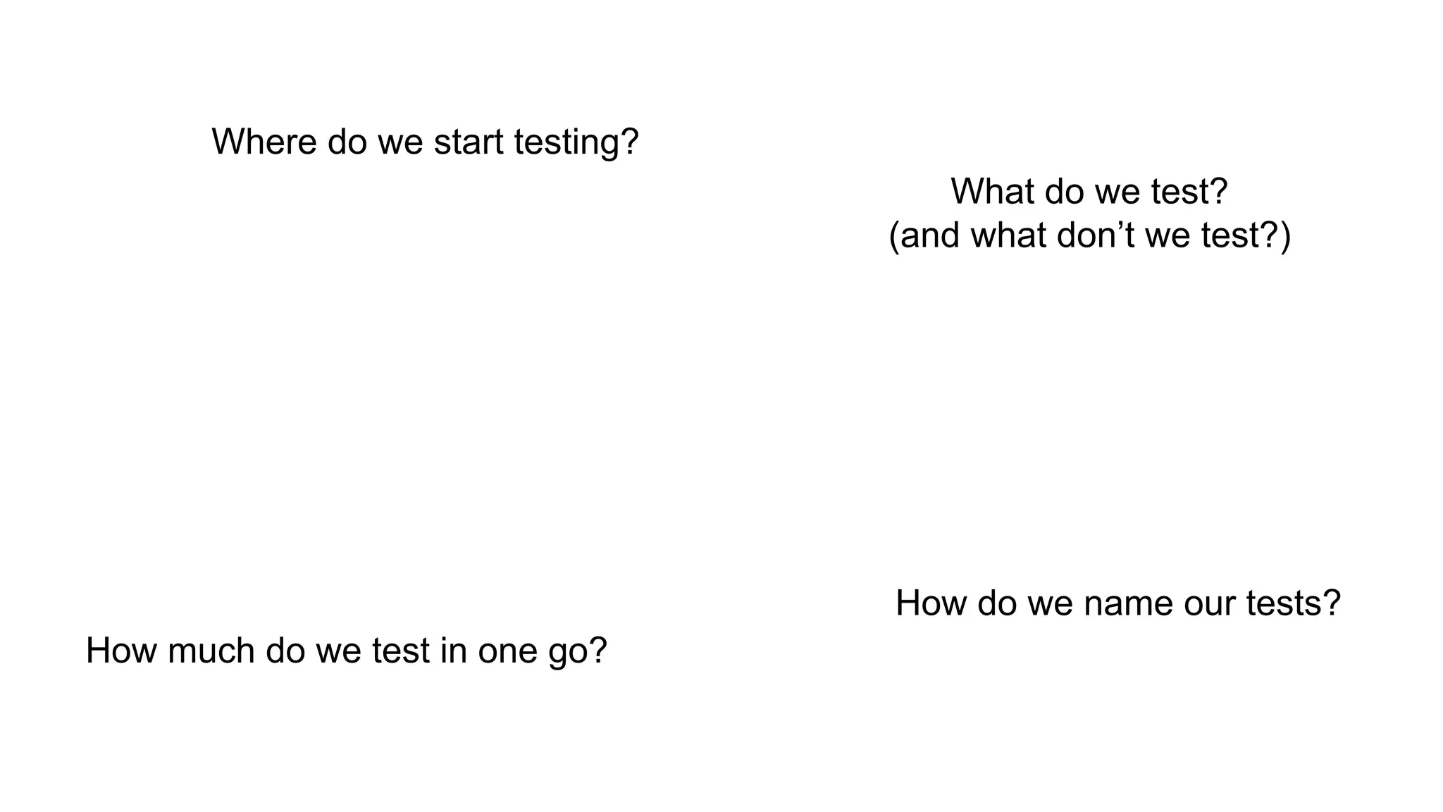 Where do we start testing?
What do we test?
(and what don’t we test?)
How much do we test in one go?
How do we name our tests?
 