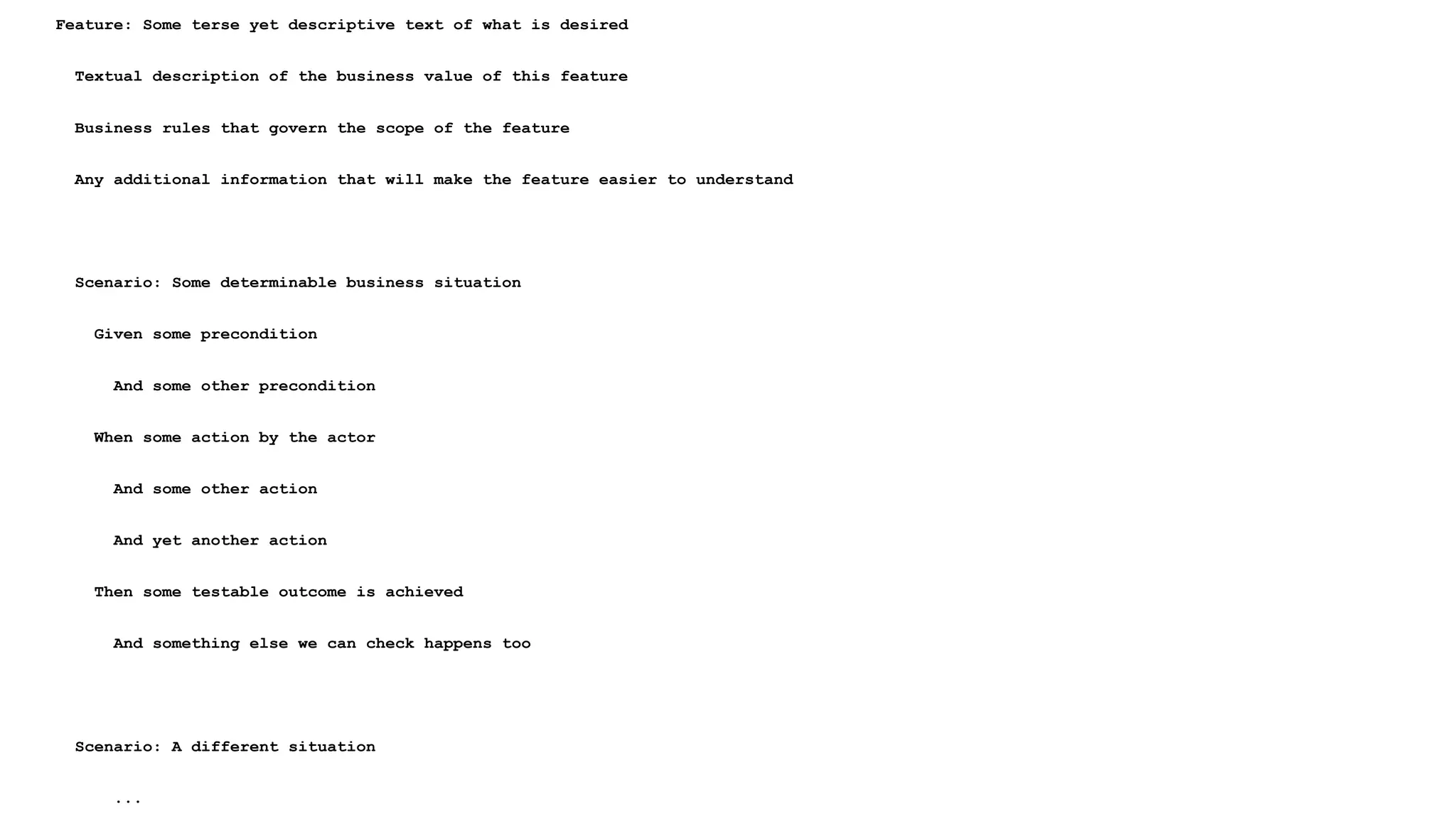 Feature: Some terse yet descriptive text of what is desired
Textual description of the business value of this feature
Business rules that govern the scope of the feature
Any additional information that will make the feature easier to understand
Scenario: Some determinable business situation
Given some precondition
And some other precondition
When some action by the actor
And some other action
And yet another action
Then some testable outcome is achieved
And something else we can check happens too
Scenario: A different situation
...
 