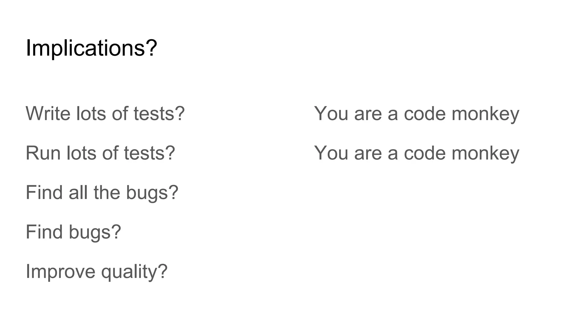 Implications?
Write lots of tests?
Run lots of tests?
Find all the bugs?
Find bugs?
Improve quality?
You are a code monkey
You are a code monkey
 