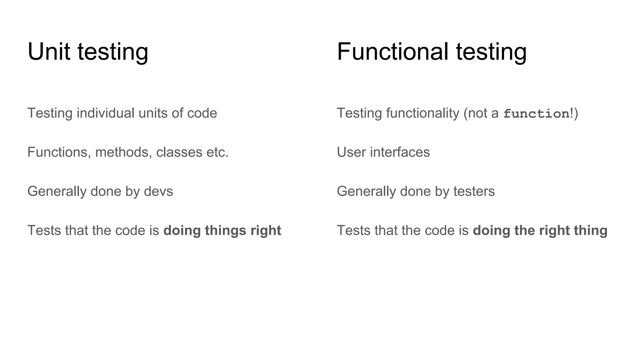 Unit testing
Testing individual units of code
Functions, methods, classes etc.
Generally done by devs
Tests that the code is doing things right
Testing functionality (not a function!)
User interfaces
Generally done by testers
Tests that the code is doing the right thing
Functional testing
 