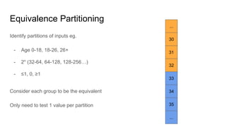 Equivalence Partitioning
Identify partitions of inputs eg.
- Age 0-18, 18-26, 26+
- 2n
(32-64, 64-128, 128-256…)
- ≤1, 0, ≥1
Consider each group to be the equivalent
Only need to test 1 value per partition
30
31
32
33
34
35
...
...
 
