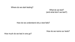 Where do we start testing?
What do we test?
(and what don’t we test?)
How much do we test in one go?
How do we name our tests?
How do we understand why a test fails?
 