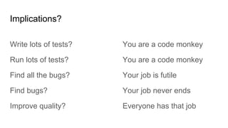 Implications?
Write lots of tests?
Run lots of tests?
Find all the bugs?
Find bugs?
Improve quality?
You are a code monkey
You are a code monkey
Your job is futile
Your job never ends
Everyone has that job
 