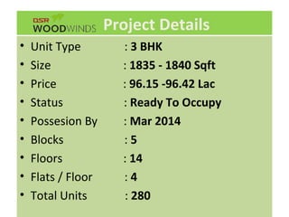 Project Details
• Unit Type : 3 BHK
• Size : 1835 - 1840 Sqft
• Price : 96.15 -96.42 Lac
• Status : Ready To Occupy
• Possesion By : Mar 2014
• Blocks : 5
• Floors : 14
• Flats / Floor : 4
• Total Units : 280
 