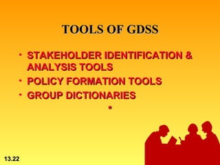 TOOLS OF GDSS

    • STAKEHOLDER IDENTIFICATION &
      ANALYSIS TOOLS
    • POLICY FORMATION TOOLS
    • GROUP DICTIONARIES
                   *



13.22                      © 2002 by Prentice Hall
 