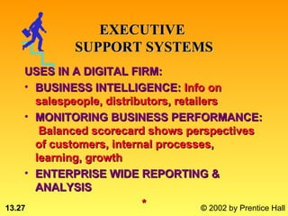 EXECUTIVE
               SUPPORT SYSTEMS
     USES IN A DIGITAL FIRM:
     • BUSINESS INTELLIGENCE: Info on
       salespeople, distributors, retailers
     • MONITORING BUSINESS PERFORMANCE:
        Balanced scorecard shows perspectives
       of customers, internal processes,
       learning, growth
     • ENTERPRISE WIDE REPORTING &
       ANALYSIS
13.27                      *            © 2002 by Prentice Hall
 