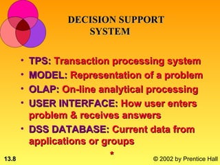 DECISION SUPPORT
                      SYSTEM

       • TPS: Transaction processing system
       • MODEL: Representation of a problem
       • OLAP: On-line analytical processing
       • USER INTERFACE: How user enters
         problem & receives answers
       • DSS DATABASE: Current data from
         applications or groups
13.8                       *       © 2002 by Prentice Hall
 