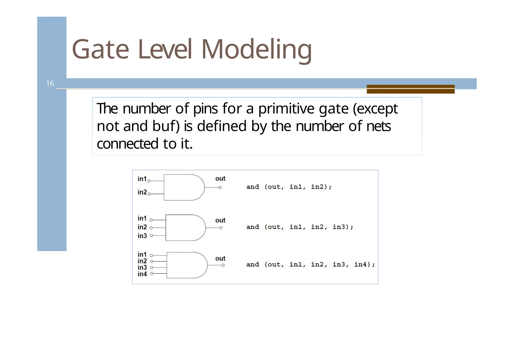 Gate Level Modeling
16
The number of pins for a primitive gate (except
not and buf) is defined by the number of nets
connected to it.
 