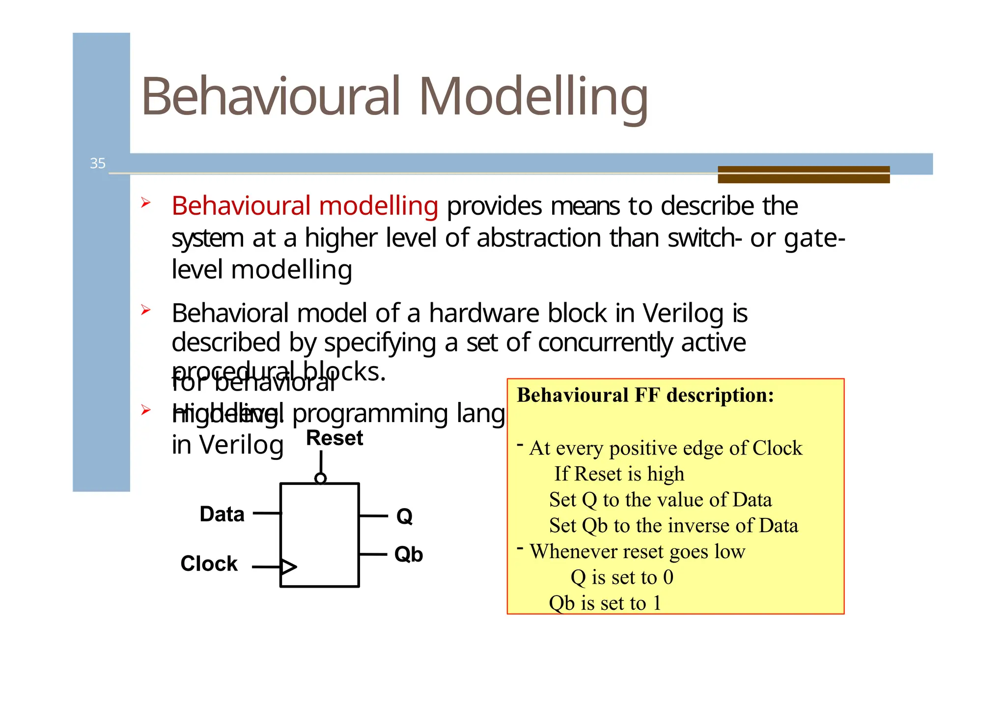Behavioural Modelling
35
 Behavioural modelling provides means to describe the
system at a higher level of abstraction than switch- or gate-
level modelling
 Behavioral model of a hardware block in Verilog is
described by specifying a set of concurrently active
procedural blocks.
 High-level programming language constructs are available
in Verilog
for behavioral
modeling.
Reset
Clock
Q
Qb
Data
Behavioural FF description:
- At every positive edge of Clock
If Reset is high
Set Q to the value of Data
Set Qb to the inverse of Data
- Whenever reset goes low
Q is set to 0
Qb is set to 1
 