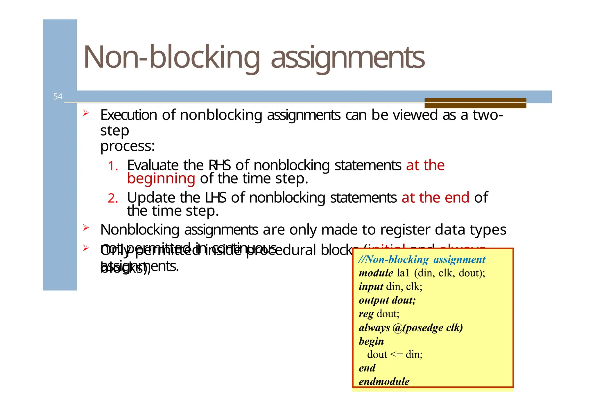 Non-blocking assignments
54
 Execution of nonblocking assignments can be viewed as a two-
step
process:
1. Evaluate the RHS of nonblocking statements at the
beginning of the time step.
2. Update the LHS of nonblocking statements at the end of
the time step.
 Nonblocking assignments are only made to register data types
 Only permitted inside procedural blocks (initial and always
blocks),
not permitted in continuous
assignments.
//Non-blocking assignment
module la1 (din, clk, dout);
input din, clk;
output dout;
reg dout;
always @(posedge clk)
begin
dout <= din;
end
endmodule
 