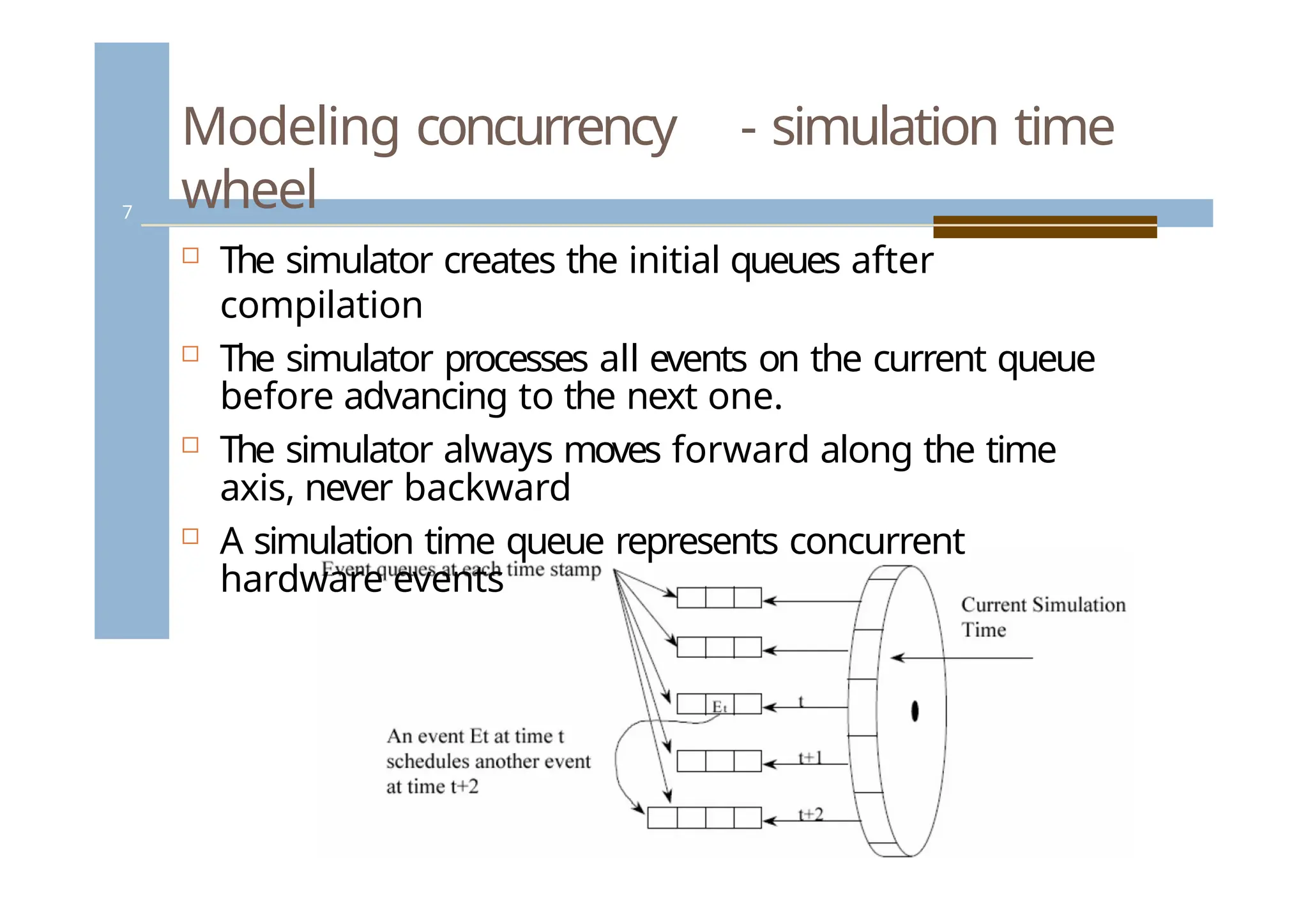 Modeling concurrency - simulation time
wheel
 The simulator creates the initial queues after
compilation
 The simulator processes all events on the current queue
before advancing to the next one.
 The simulator always moves forward along the time
axis, never backward
 A simulation time queue represents concurrent
hardware events
7
 