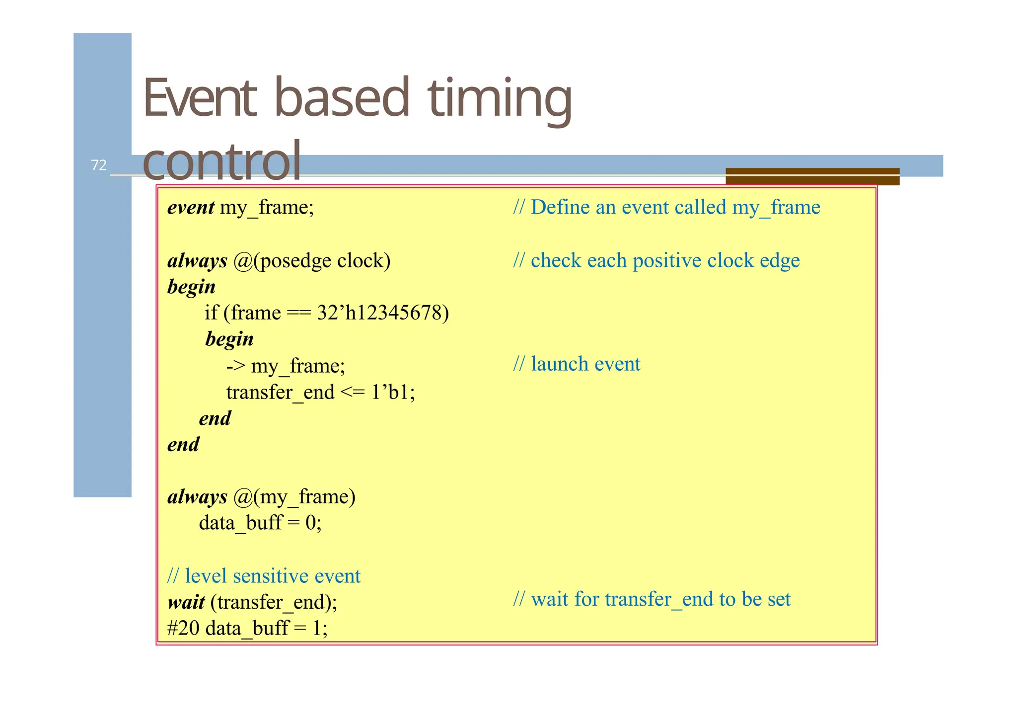 Event based timing
control
72
// Define an event called my_frame
// check each positive clock edge
// launch event
// wait for transfer_end to be set
event my_frame;
always @(posedge clock)
begin
if (frame == 32’h12345678)
begin
-> my_frame;
transfer_end <= 1’b1;
end
end
always @(my_frame)
data_buff = 0;
// level sensitive event
wait (transfer_end);
#20 data_buff = 1;
 