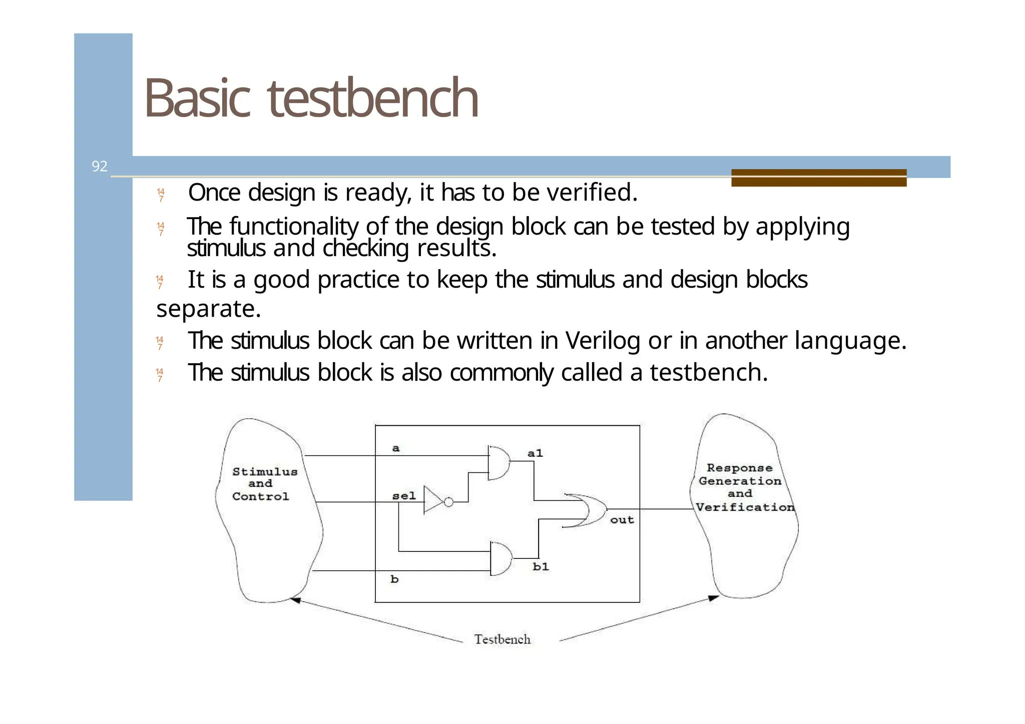 Basic testbench
92
 Once design is ready, it has to be verified.
 The functionality of the design block can be tested by applying
stimulus and checking results.
 It is a good practice to keep the stimulus and design blocks
separate.
 The stimulus block can be written in Verilog or in another language.
 The stimulus block is also commonly called a testbench.
 