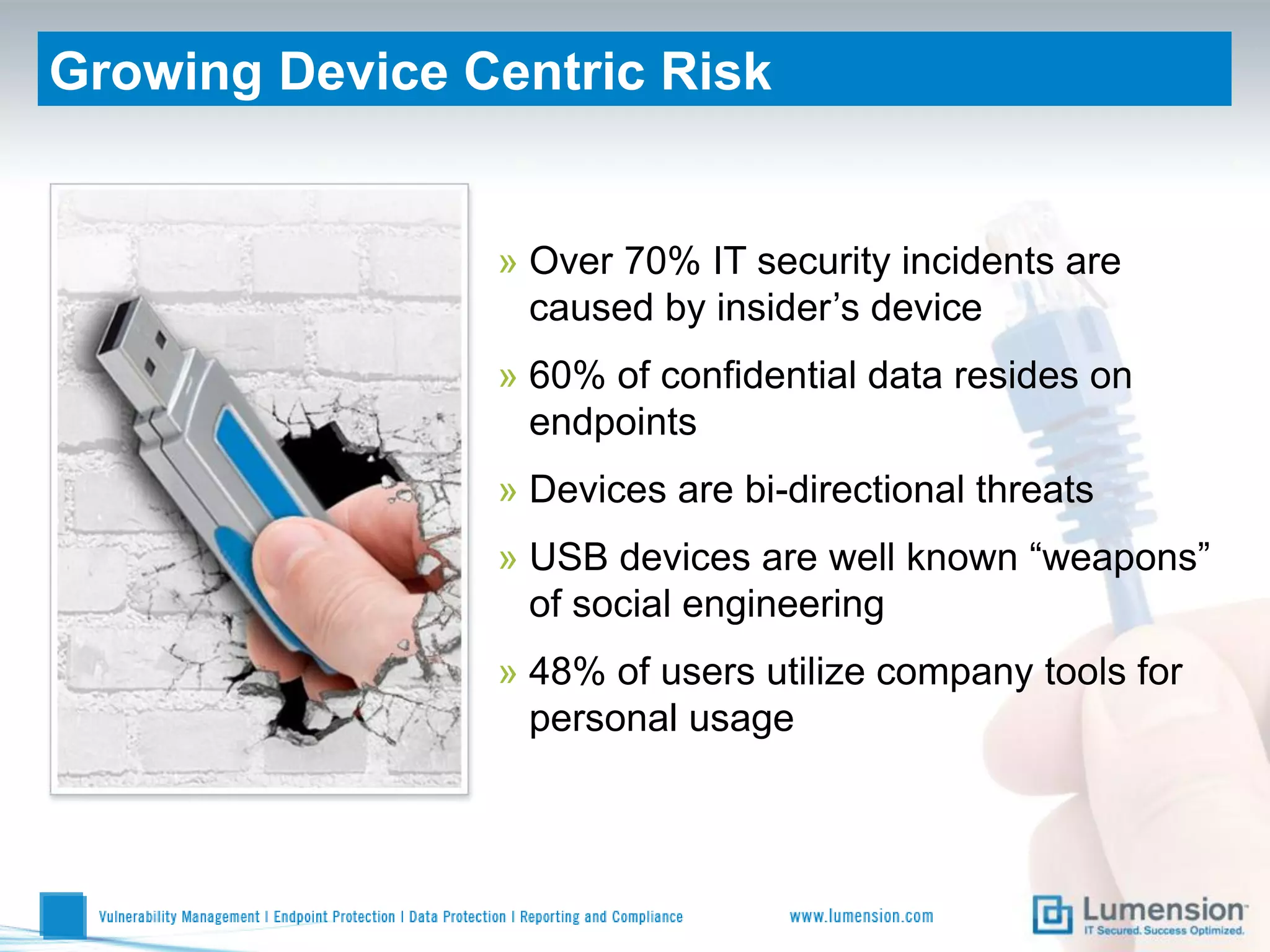 Growing Device Centric Risk


                » Over 70% IT security incidents are
                  caused by insider’s device
                » 60% of confidential data resides on
                  endpoints
                » Devices are bi-directional threats
                » USB devices are well known “weapons”
                  of social engineering
                » 48% of users utilize company tools for
                  personal usage
 