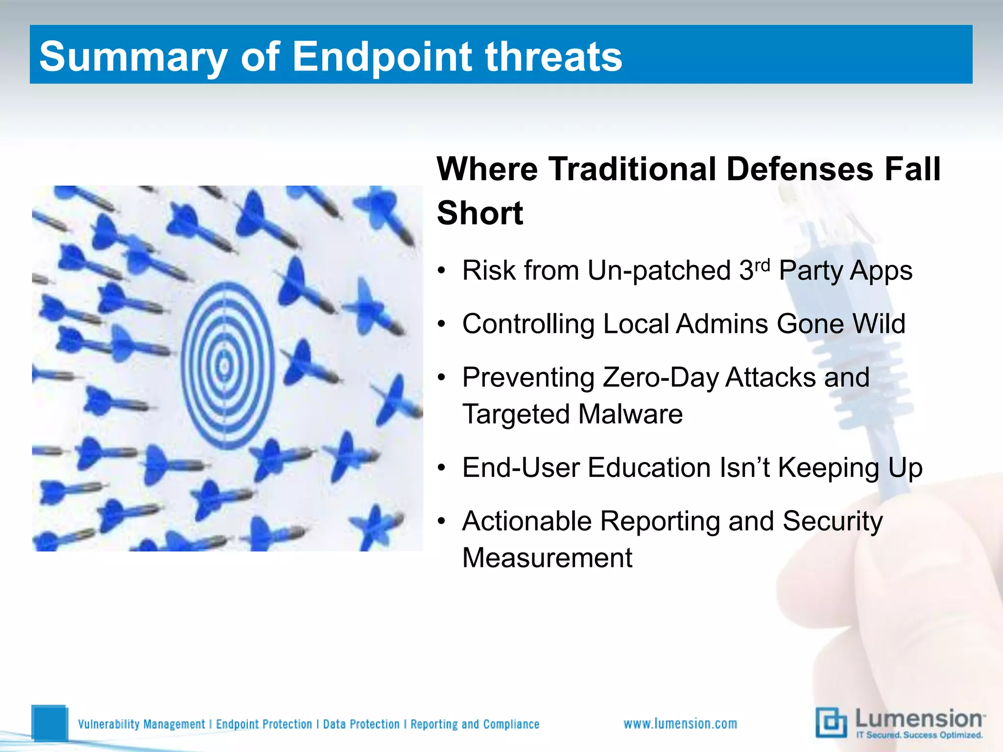 Summary of Endpoint threats

                  Where Traditional Defenses Fall
                  Short
                  • Risk from Un-patched 3rd Party Apps
                  • Controlling Local Admins Gone Wild
                  • Preventing Zero-Day Attacks and
                    Targeted Malware
                  • End-User Education Isn’t Keeping Up
                  • Actionable Reporting and Security
                    Measurement
 