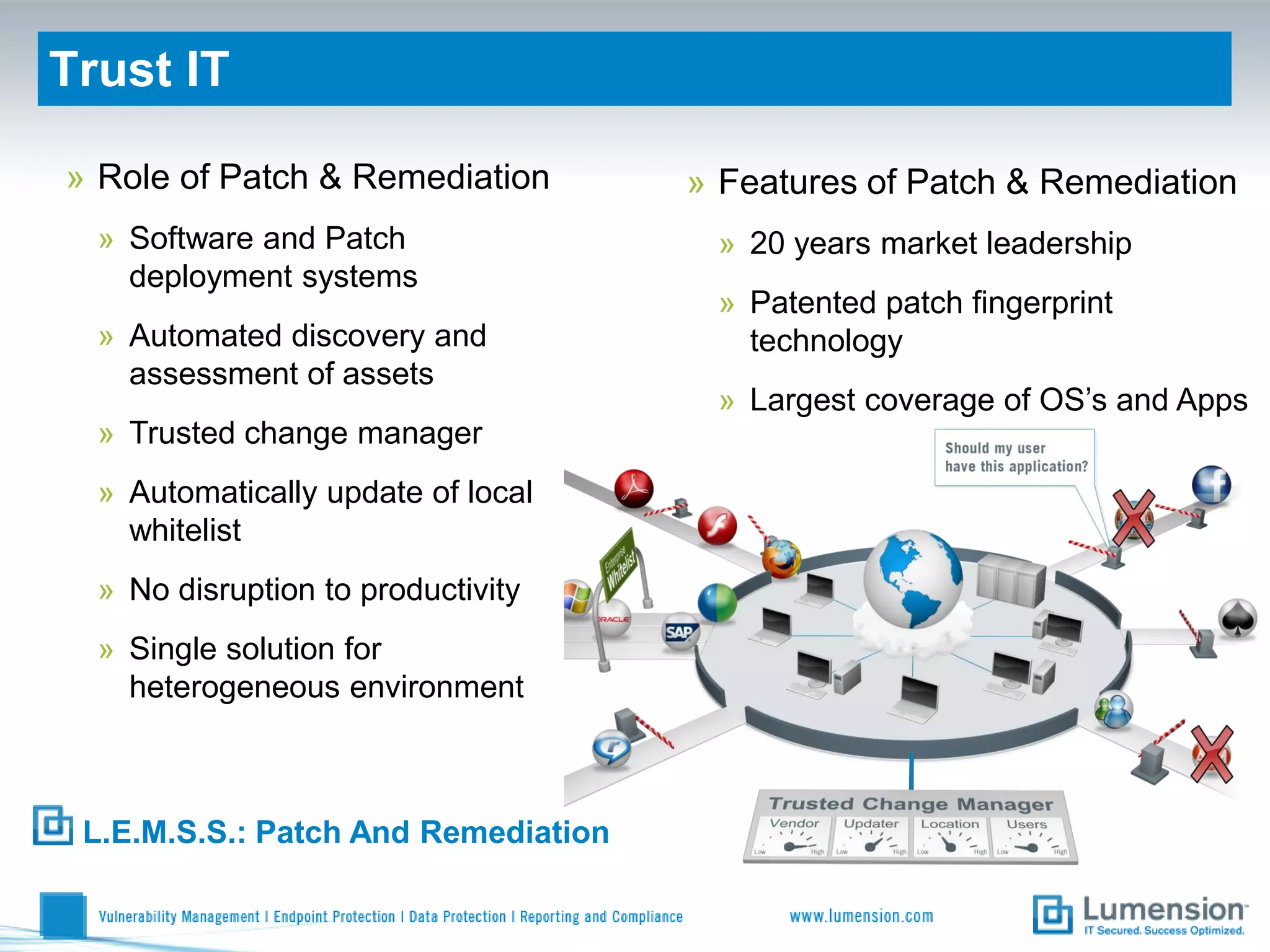 Trust IT

» Role of Patch & Remediation        » Features of Patch & Remediation
  » Software and Patch                » 20 years market leadership
    deployment systems
                                      » Patented patch fingerprint
  » Automated discovery and             technology
    assessment of assets
                                      » Largest coverage of OS’s and Apps
  » Trusted change manager
  » Automatically update of local
    whitelist
  » No disruption to productivity
  » Single solution for
    heterogeneous environment



 L.E.M.S.S.: Patch And Remediation
 