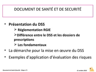 • Présentation du DSS
 Réglementation RGIE
Différence entre le DSS et les dossiers de
prescriptions
 Les fondamentaux
• La démarche pour la mise en œuvre du DSS
• Exemples d’application d’évaluation des risques
DOCUMENT DE SANTÉ ET DE SECURITÉ
Document de Santé-Sécurité - Diapo n°3 21 octobre 2010
 