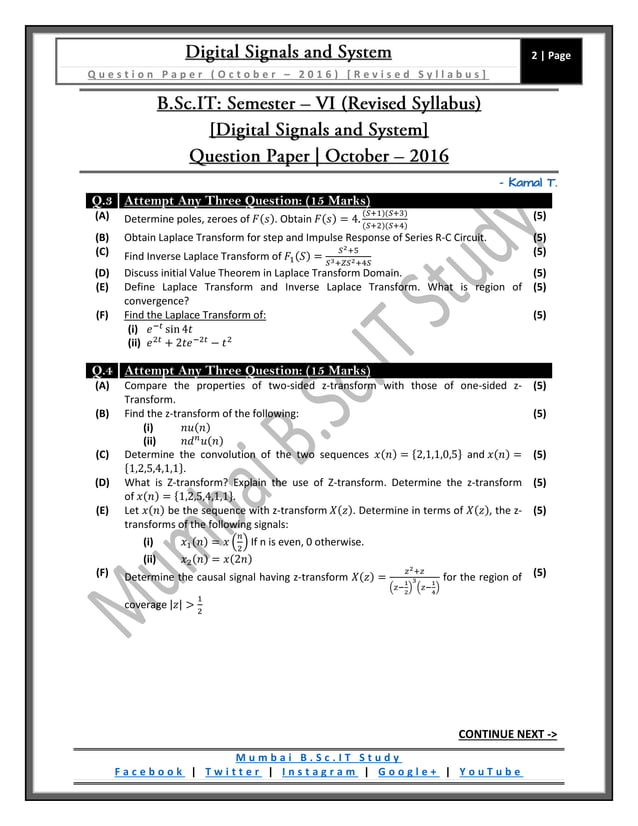 Digital Signals and System (October – 2016) [Revised Syllabus ...