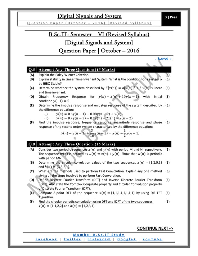 Digital Signals and System (October – 2016) [Revised Syllabus ...