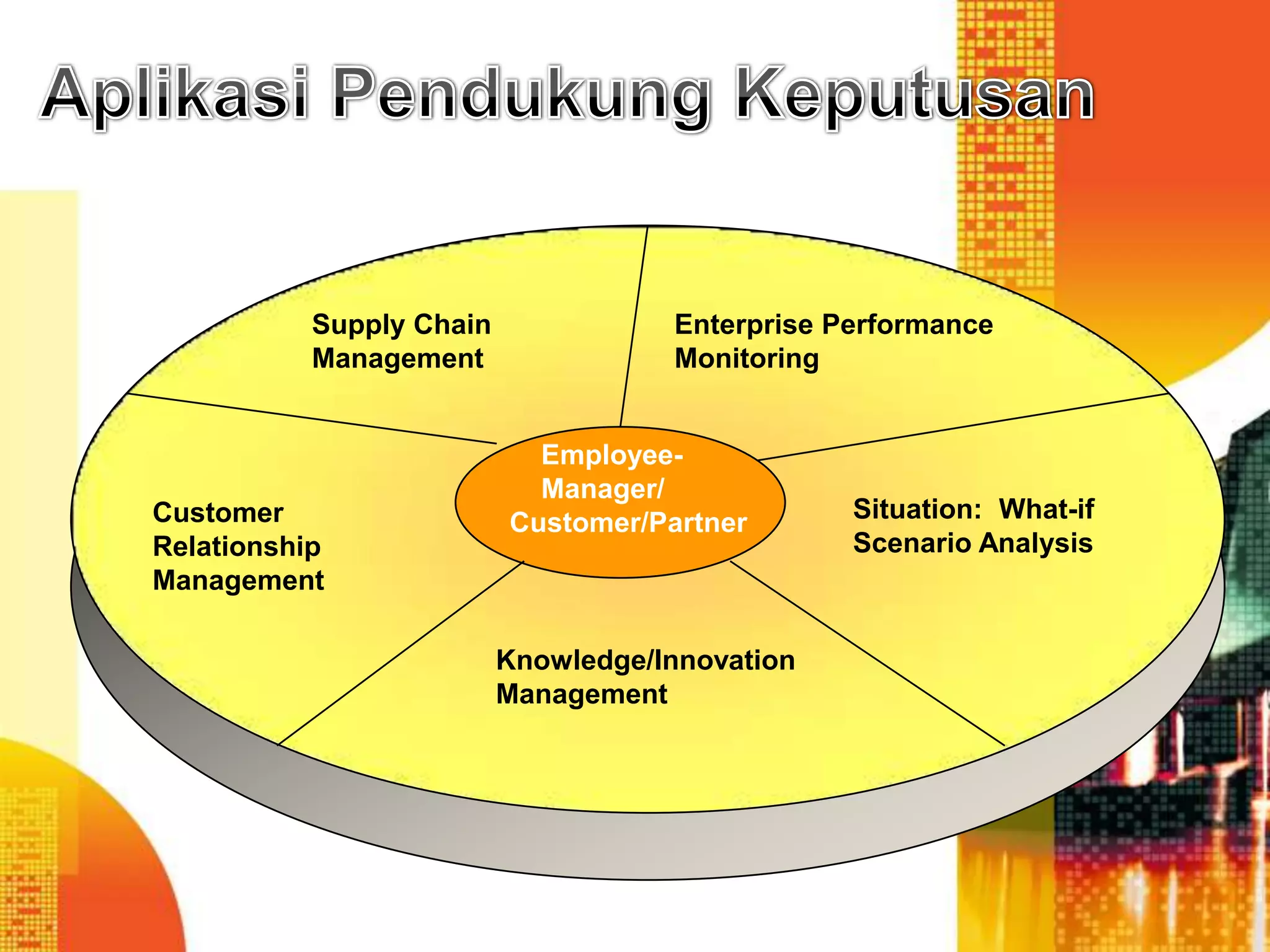 Customer
Relationship
Management
Situation: What-if
Scenario Analysis
Supply Chain
Management
Knowledge/Innovation
Management
Enterprise Performance
Monitoring
Employee-
Manager/
Customer/Partner
 