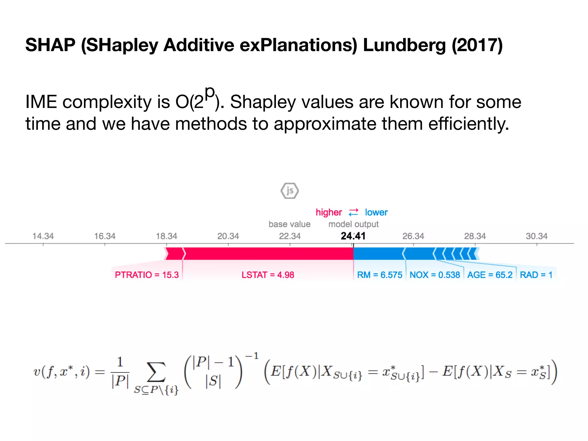 SHAP (SHapley Additive exPlanations) Lundberg (2017)
IME complexity is O(2
p
). Shapley values are known for some
time and we have methods to approximate them eﬃciently.

 