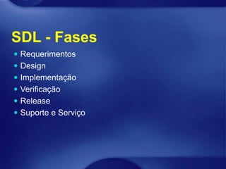 SDL - Fases
 Requerimentos
 Design
 Implementação
 Verificação
 Release
 Suporte e Serviço
 