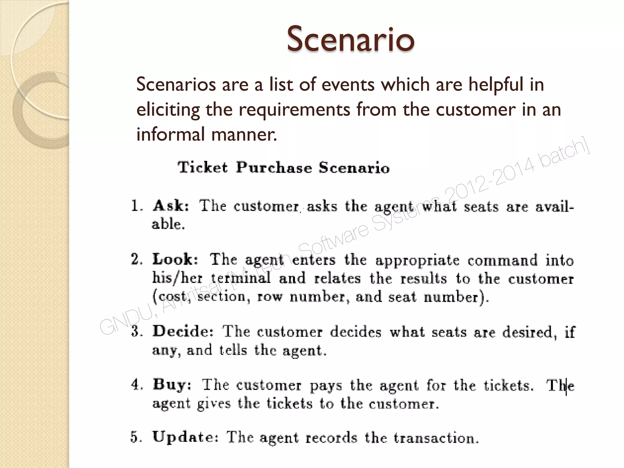 Scenario
Scenarios are a list of events which are helpful in
eliciting the requirements from the customer in an
informal manner.
GNDU, Amritsar [M.Tech. Software Systems 2012-2014 batch]
 