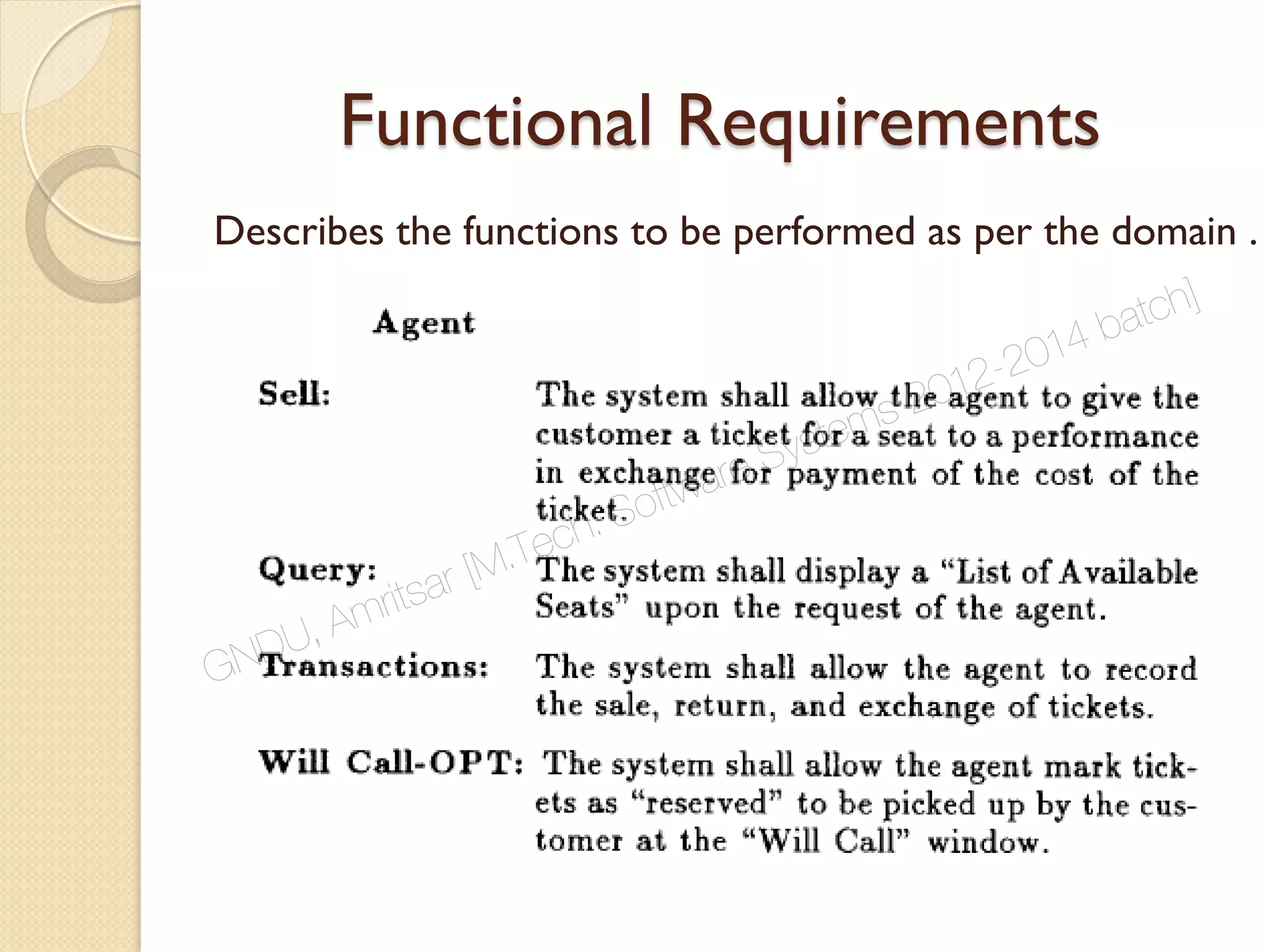 Functional Requirements
Describes the functions to be performed as per the domain .
GNDU, Amritsar [M.Tech. Software Systems 2012-2014 batch]
 