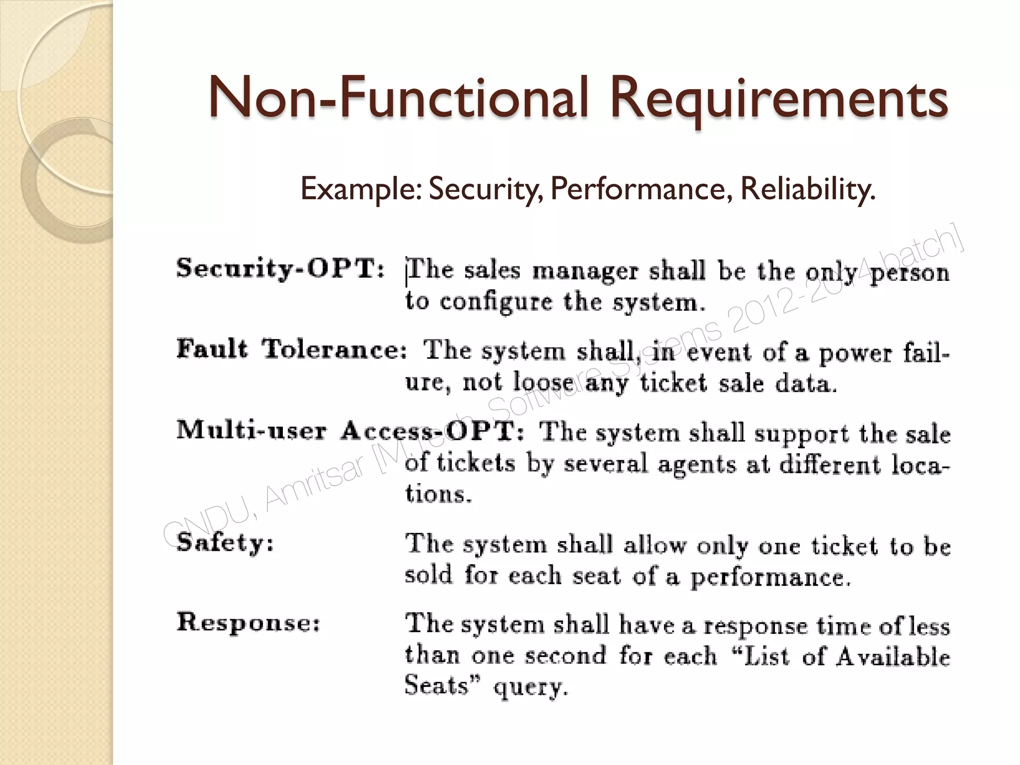 Non-Functional Requirements
Example: Security, Performance, Reliability.
GNDU, Amritsar [M.Tech. Software Systems 2012-2014 batch]
 