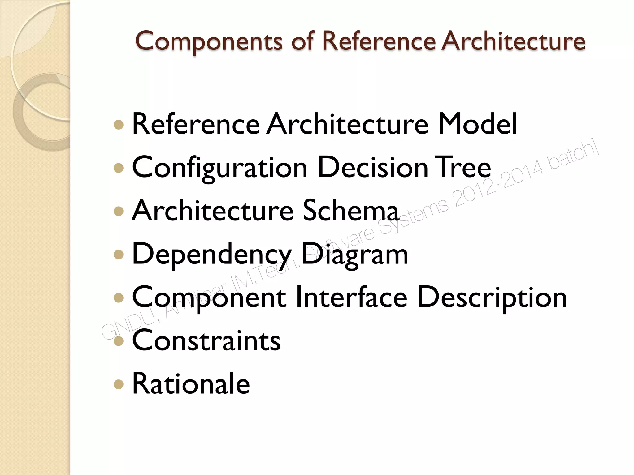 Components of Reference Architecture
 Reference Architecture Model
 Configuration Decision Tree
 Architecture Schema
 Dependency Diagram
 Component Interface Description
 Constraints
 Rationale
GNDU, Amritsar [M.Tech. Software Systems 2012-2014 batch]
 