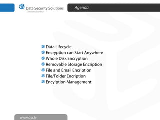 Agenda
2
Data Lifecycle
Encryption can Start Anywhere
Whole Disk Encryption
Removable Storage Encription
File and Email Encription
File/Folder Encription
Encyiption Management
 