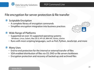 PGP Command Line
Scriptable Encription
– A complete library of encryption commands
– Simplifies encryption integration into business practices
Wide Range of Platforms
– Supported on over 35 supported operating systems
Windows, Linux, Solaris, Mac OS X, HP-UX, IBM AIX, iSeries, zSeries
– Runs with most scripting languages, such as Perl, Python, JavaScript, and more
Many Uses
– End-to-end protection for the internal or external transfer of files
– SDA enabled distribution of files via CD, DVD or file servers lockboxes
– Encryption protection and recovery of backed-up and archived files
25
File encryption for server protection & file transfer
 