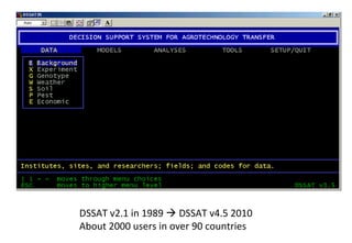 DSSAT v2.1 in 1989  DSSAT v4.5 2010
About 2000 users in over 90 countries
 