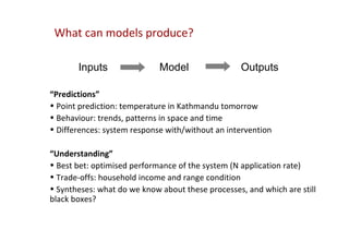 What can models produce?

       Inputs                Model                Outputs

“Predictions”
• Point prediction: temperature in Kathmandu tomorrow
• Behaviour: trends, patterns in space and time
• Differences: system response with/without an intervention

“Understanding”
• Best bet: optimised performance of the system (N application rate)
• Trade-offs: household income and range condition
• Syntheses: what do we know about these processes, and which are still
black boxes?
 