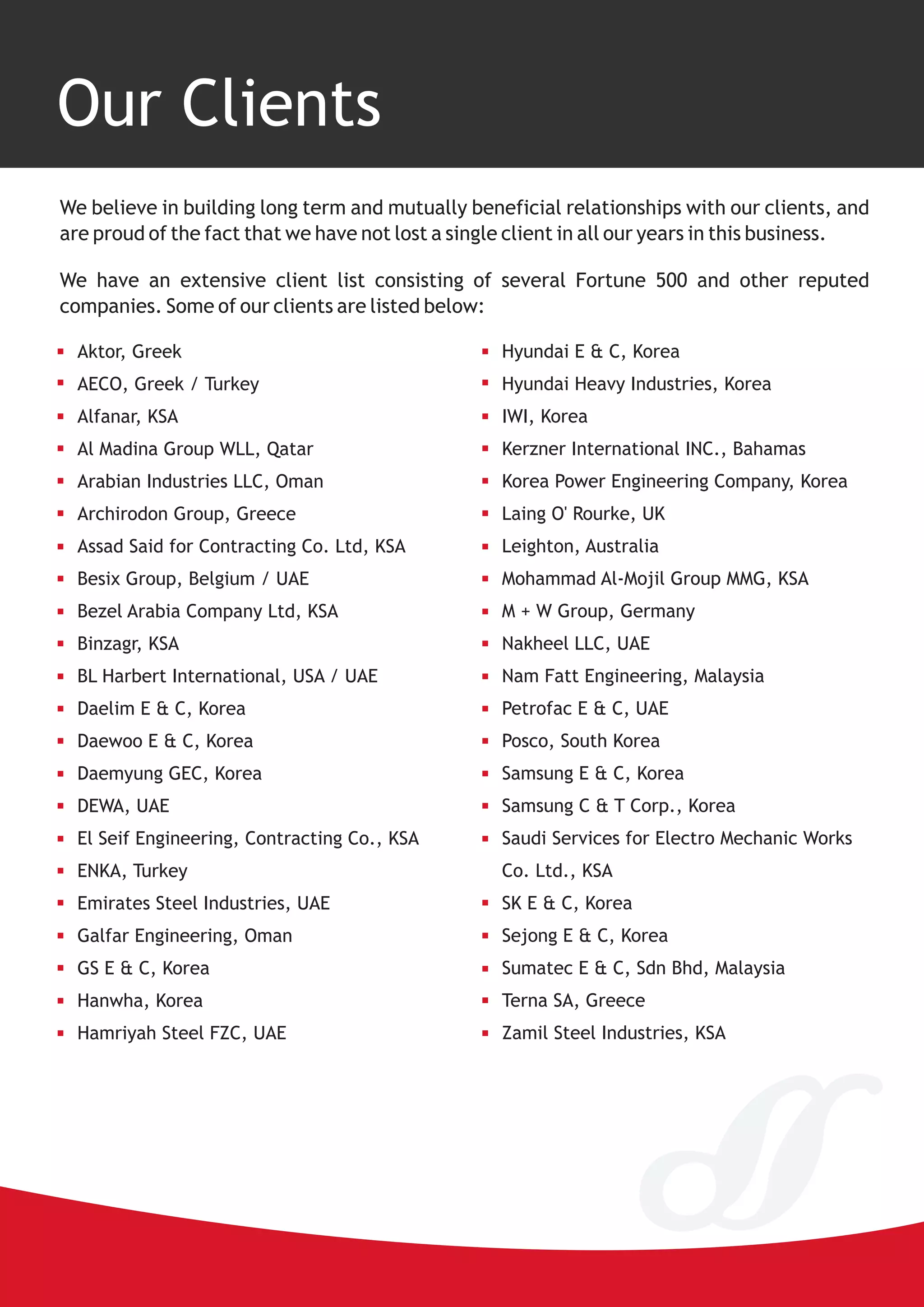 Our Clients
We believe in building long term and mutually beneficial relationships with our clients, and
are proud of the fact that we have not lost a single client in all our years in this business.

We have an extensive client list consisting of several Fortune 500 and other reputed
companies. Some of our clients are listed below:

  Aktor, Greek                                     Hyundai E & C, Korea
  AECO, Greek / Turkey                             Hyundai Heavy Industries, Korea
  Alfanar, KSA                                     IWI, Korea
  Al Madina Group WLL, Qatar                       Kerzner International INC., Bahamas
  Arabian Industries LLC, Oman                     Korea Power Engineering Company, Korea
  Archirodon Group, Greece                         Laing O' Rourke, UK
  Assad Said for Contracting Co. Ltd, KSA          Leighton, Australia
  Besix Group, Belgium / UAE                       Mohammad Al-Mojil Group MMG, KSA
  Bezel Arabia Company Ltd, KSA                    M + W Group, Germany
  Binzagr, KSA                                     Nakheel LLC, UAE
  BL Harbert International, USA / UAE              Nam Fatt Engineering, Malaysia
  Daelim E & C, Korea                              Petrofac E & C, UAE
  Daewoo E & C, Korea                              Posco, South Korea
  Daemyung GEC, Korea                              Samsung E & C, Korea
  DEWA, UAE                                        Samsung C & T Corp., Korea
  El Seif Engineering, Contracting Co., KSA        Saudi Services for Electro Mechanic Works
  ENKA, Turkey                                     Co. Ltd., KSA
  Emirates Steel Industries, UAE                   SK E & C, Korea
  Galfar Engineering, Oman                         Sejong E & C, Korea
  GS E & C, Korea                                  Sumatec E & C, Sdn Bhd, Malaysia
  Hanwha, Korea                                    Terna SA, Greece
  Hamriyah Steel FZC, UAE                          Zamil Steel Industries, KSA
 