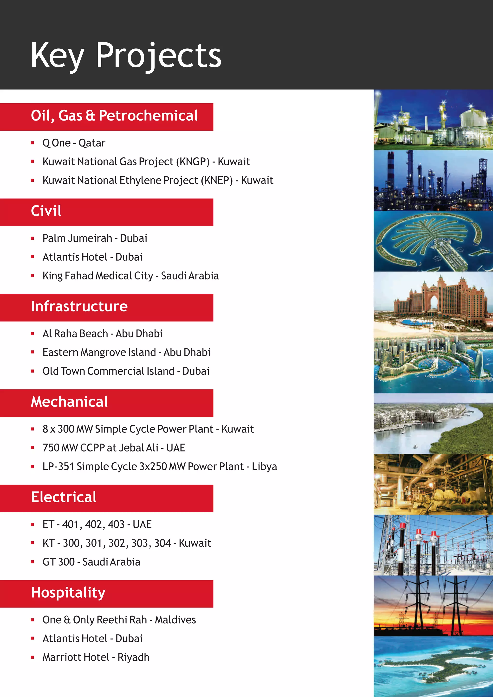 Key Projects
Oil, Gas & Petrochemical
 Q One – Qatar
 Kuwait National Gas Project (KNGP) - Kuwait
 Kuwait National Ethylene Project (KNEP) - Kuwait

Civil
 Palm Jumeirah - Dubai
 Atlantis Hotel - Dubai
 King Fahad Medical City - Saudi Arabia

Infrastructure
 Al Raha Beach - Abu Dhabi
 Eastern Mangrove Island - Abu Dhabi
 Old Town Commercial Island - Dubai

Mechanical
 8 x 300 MW Simple Cycle Power Plant - Kuwait
 750 MW CCPP at Jebal Ali - UAE
 LP-351 Simple Cycle 3x250 MW Power Plant - Libya

Electrical
 ET - 401, 402, 403 - UAE
 KT - 300, 301, 302, 303, 304 - Kuwait
 GT 300 - Saudi Arabia

Hospitality
 One & Only Reethi Rah - Maldives
 Atlantis Hotel - Dubai
 Marriott Hotel - Riyadh
 