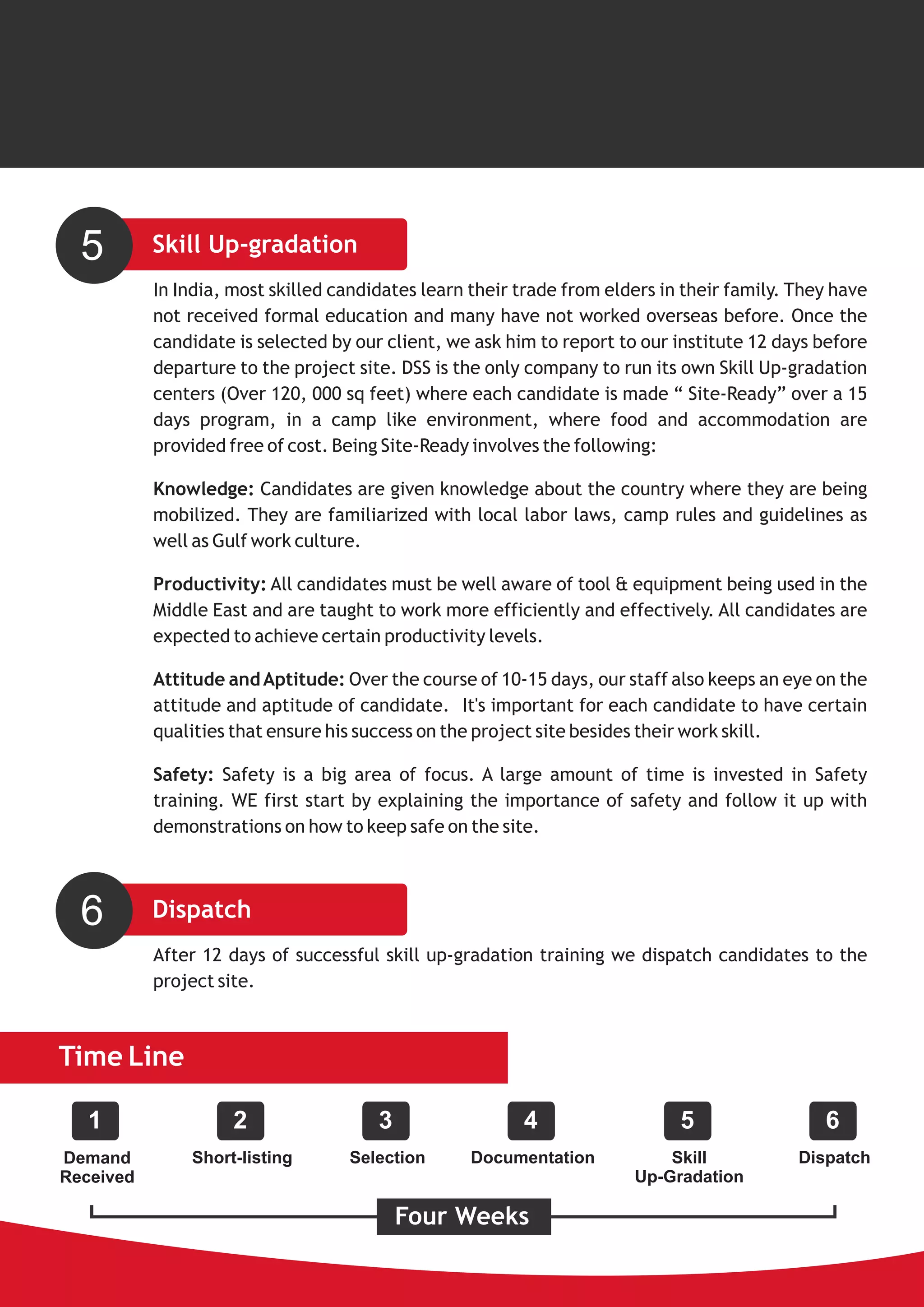 5        Skill Up-gradation
           In India, most skilled candidates learn their trade from elders in their family. They have
           not received formal education and many have not worked overseas before. Once the
           candidate is selected by our client, we ask him to report to our institute 12 days before
           departure to the project site. DSS is the only company to run its own Skill Up-gradation
           centers (Over 120, 000 sq feet) where each candidate is made “ Site-Ready” over a 15
           days program, in a camp like environment, where food and accommodation are
           provided free of cost. Being Site-Ready involves the following:

           Knowledge: Candidates are given knowledge about the country where they are being
           mobilized. They are familiarized with local labor laws, camp rules and guidelines as
           well as Gulf work culture.

           Productivity: All candidates must be well aware of tool & equipment being used in the
           Middle East and are taught to work more efficiently and effectively. All candidates are
           expected to achieve certain productivity levels.

           Attitude and Aptitude: Over the course of 10-15 days, our staff also keeps an eye on the
           attitude and aptitude of candidate. It's important for each candidate to have certain
           qualities that ensure his success on the project site besides their work skill.

           Safety: Safety is a big area of focus. A large amount of time is invested in Safety
           training. WE first start by explaining the importance of safety and follow it up with
           demonstrations on how to keep safe on the site.



  6        Dispatch
           After 12 days of successful skill up-gradation training we dispatch candidates to the
           project site.



Time Line

   1                 2                 3                 4                   5                 6
Demand         Short-listing       Selection       Documentation           Skill            Dispatch
Received                                                               Up-Gradation

                                           Four Weeks
 