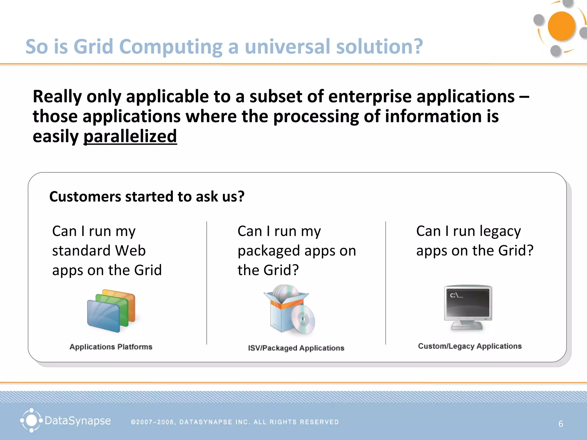 So is Grid Computing a universal solution? Really only applicable to a subset of enterprise applications –  those applications where the processing of information is  easily  parallelized Customers started to ask us? Can I run my  standard Web apps on the Grid Can I run my packaged apps on the Grid? Can I run legacy apps on the Grid? 