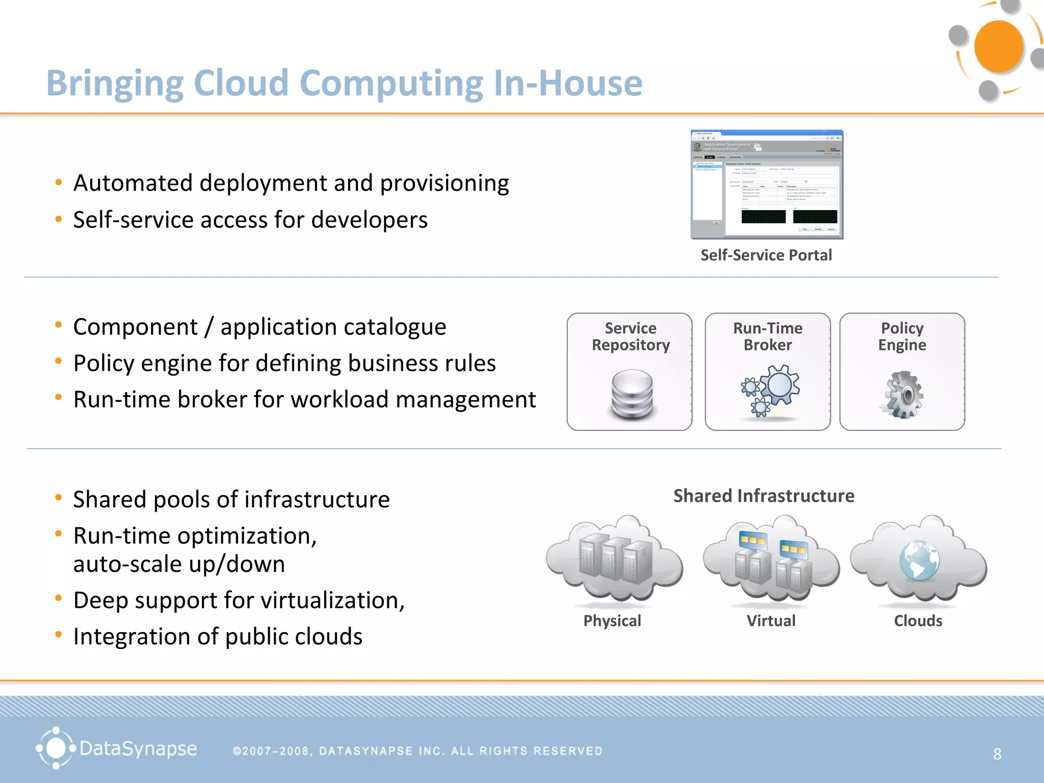 Bringing Cloud Computing In-House Automated deployment and provisioning Self-service access for developers Component / application catalogue Policy engine for defining business rules  Run-time broker for workload management  Shared pools of infrastructure  Run-time optimization,  auto-scale up/down Deep support for virtualization,  Integration of public clouds Shared Infrastructure  Self-Service Portal Physical  Virtual Clouds Service Repository Run-Time Broker Policy Engine 
