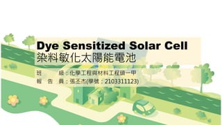 Dye Sensitized Solar Cell
染料敏化太陽能電池
班 級：化學工程與材料工程碩一甲
報 告 員：張丕杰(學號：2103311123)
 