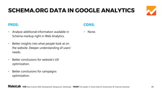 45FOR Data Science Skills Development Symposium, Edinburgh, FROM The Leaders in Smart Data for Automotive & Financial Industries
SCHEMA.ORG DATA IN GOOGLE ANALYTICS
PROS: CONS:
• None.• Analyse additional information available in
Schema markup right in Web Analytics.
• Better insights into what people look at on
the website. Deeper understanding of users’
needs.
• Better conclusions for website’s UX
optimization.
• Better conclusions for campaigns
optimization.
 