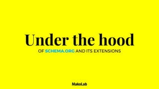 9FOR Data Science Skills Development Symposium, Edinburgh, FROM The Leaders in Smart Data for Automotive & Financial Industries
UNDER THE HOOD OF SCHEMA.ORG
• „The driving factor in the design of Schema.org
was to make it easy for webmasters to publish
their data. In general, the design decisions
place more of the burden on consumers of the
markup.”
R.V. GUHA, D. DAN BRICKLEY, S. MACBETH –
„Schema.org - Evolution of Structured Data on the Web”
DESIGN DECISIONS
• Derived from RDFS (RDF Schema)
• Multiple inheritance hierarchy
• POLYMORPHIC PROPERTIES - Each property
may have one or more types as its domain
and its range („domainincludes” and
„rangeincludes”)
DATA MODEL
 