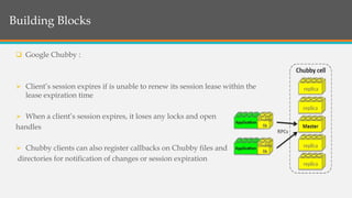 Structure of BigTableBuilding Blocks
 Google Chubby :
 Client’s session expires if is unable to renew its session lease within the
lease expiration time
 When a client’s session expires, it loses any locks and open
handles
 Chubby clients can also register callbacks on Chubby files and
directories for notification of changes or session expiration
 