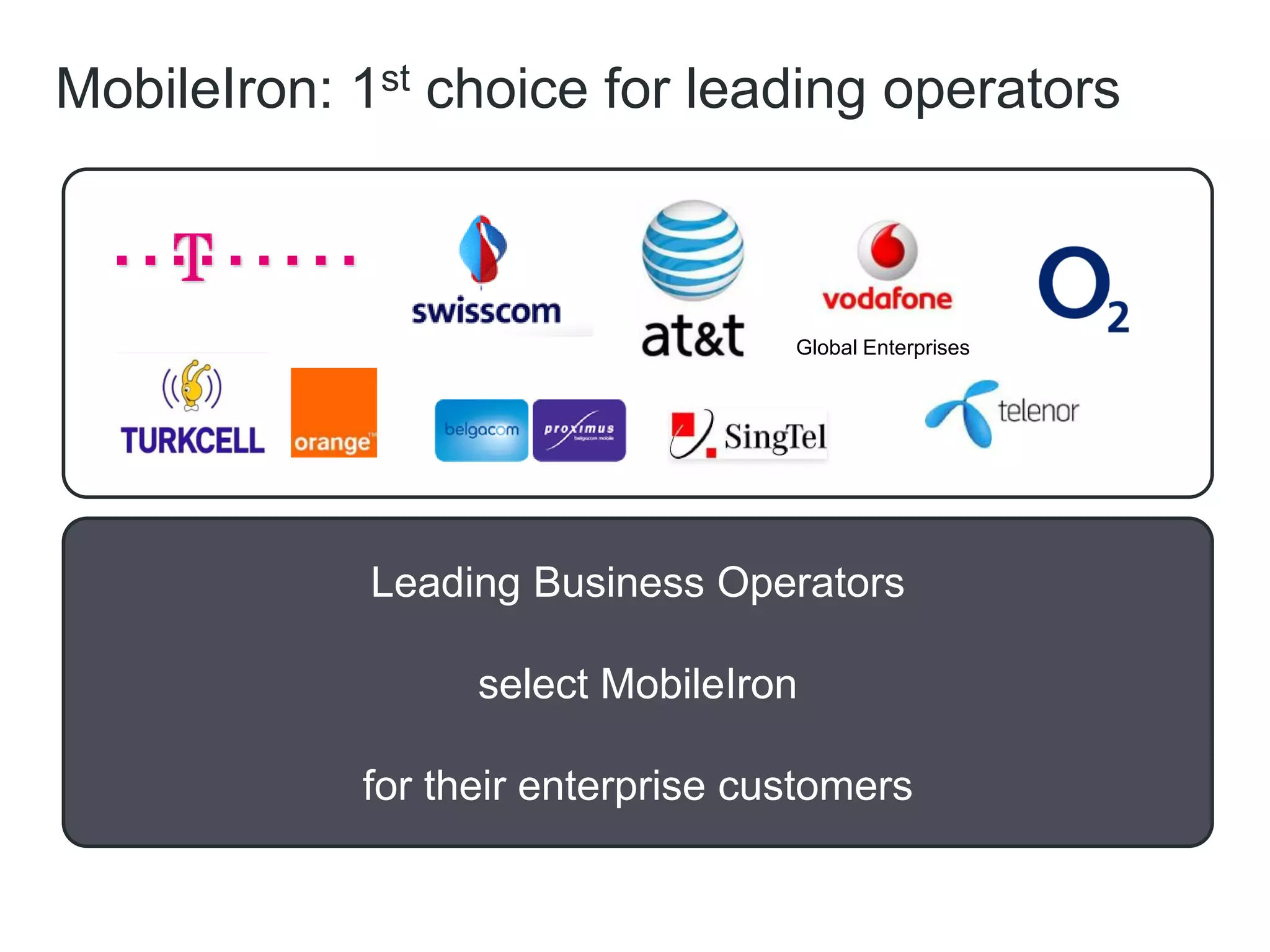 MobileIron: 1st choice for leading operators



                                   Global Enterprises




             Leading Business Operators

                  select MobileIron

            for their enterprise customers
 