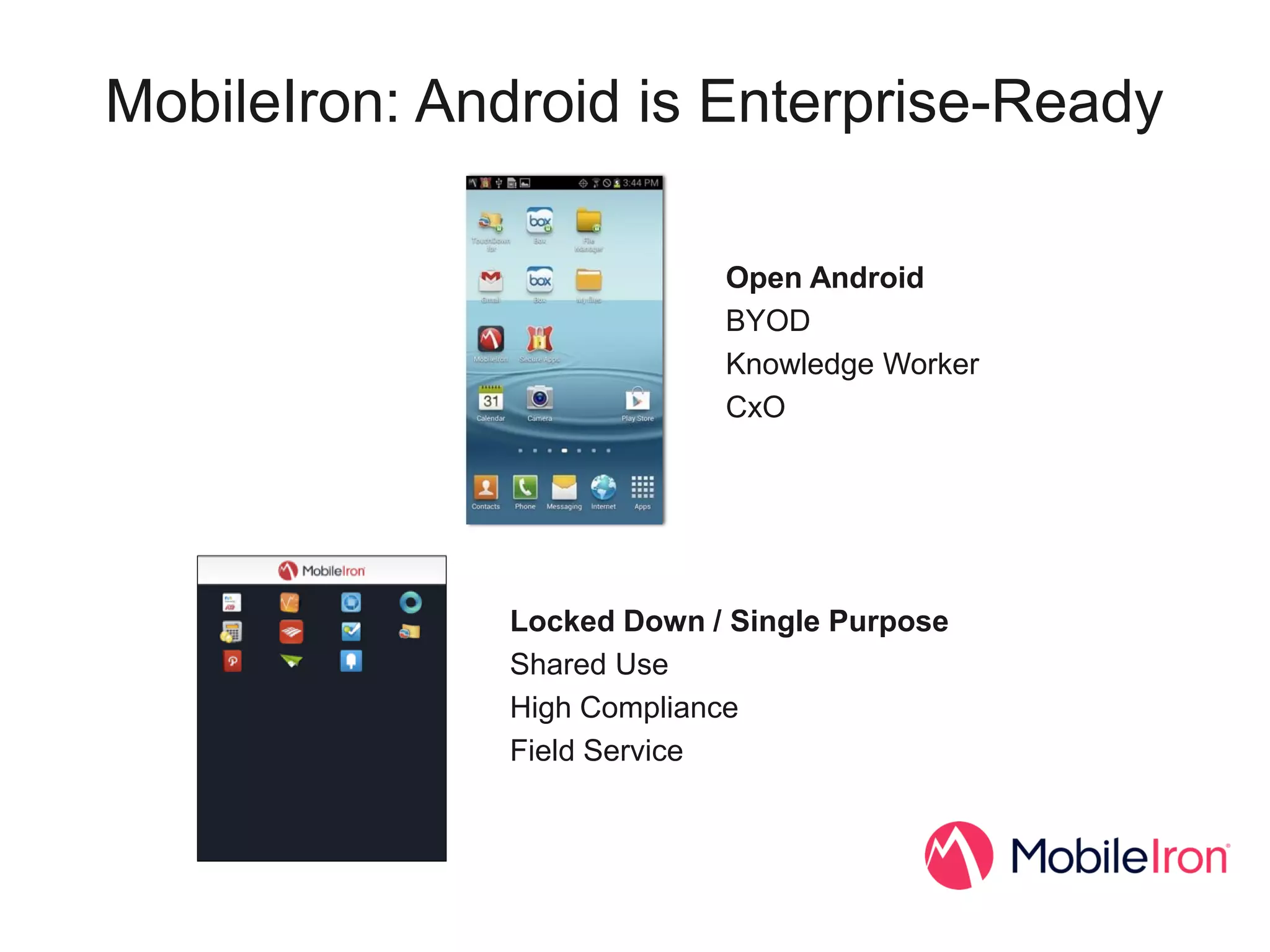 MobileIron: Android is Enterprise-Ready

                           Open Android
                           BYOD
                           Knowledge Worker
                           CxO




              Locked Down / Single Purpose
              Shared Use
              High Compliance
              Field Service
 