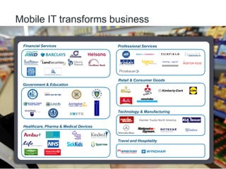 Mobile IT transforms business

     Financial Services                     Professional Services




                                            Retail & Consumer Goods
     Government & Education




                                            Technology & Manufacturing


     Healthcare, Pharma & Medical Devices


                                            Travel and Hospitality




10
 