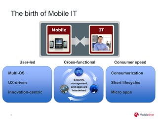 The birth of Mobile IT

                     Mobile                  IT




     User-led             Cross-functional         Consumer speed

Multi-OS                                          Consumerization
                                Security,
UX-driven                     management,         Short lifecycles
                              and apps are
                               intertwined
Innovation-centric                                Micro apps




16
 