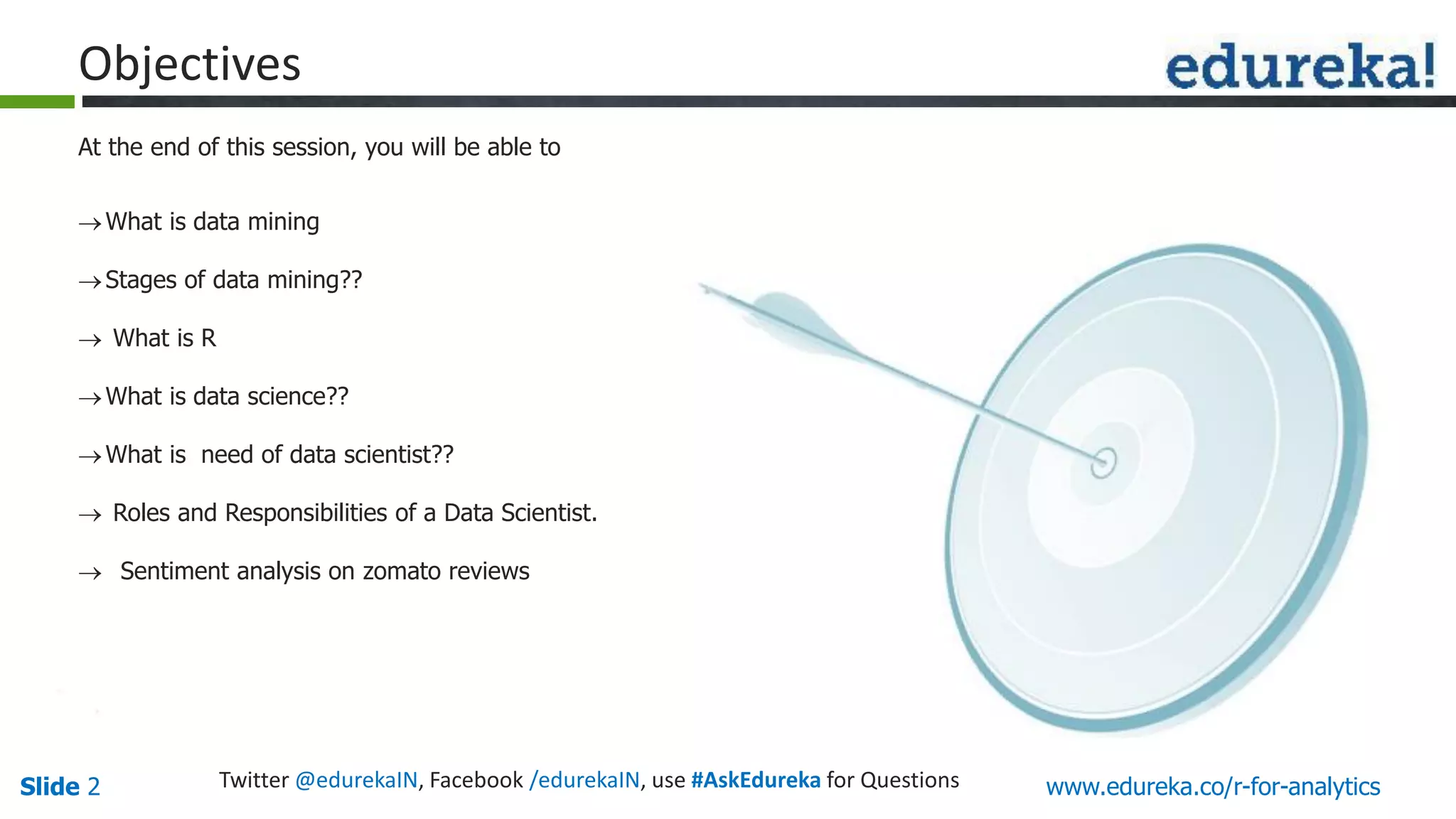 www.edureka.co/r-for-analyticsSlide 2 Twitter @edurekaIN, Facebook /edurekaIN, use #AskEdureka for Questions
Objectives
What is data mining
Stages of data mining??
 What is R
What is data science??
What is need of data scientist??
 Roles and Responsibilities of a Data Scientist.
 Sentiment analysis on zomato reviews
At the end of this session, you will be able to
 
